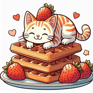 Ein Stapel belgischer Waffeln mit Erdbeeren und einer Katze